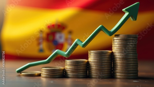 Investment and Market Trends in Spain: Coins and Upward Arrow. Suitable for financial articles, investment analyses, and infographics about Spain’s market trends