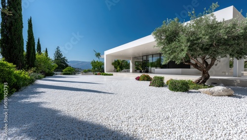 Modern villa exterior with white gravel courtyard