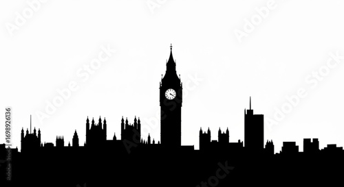 Silhouette of london skyline featuring big ben and other buildings against a white background view image created with generative ai