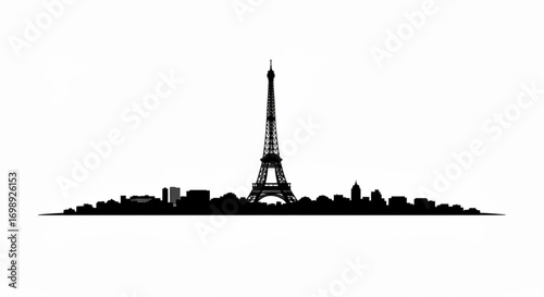 Silhouette of paris skyline featuring the eiffel tower and various buildings against a white background created with generative ai