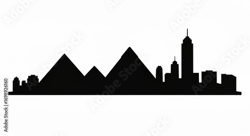 Black silhouette of a city skyline featuring pyramids and modern buildings in a single line drawing created with generative ai