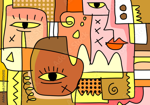 illustration featuring abstract geometric shapes and expressive eyes.
