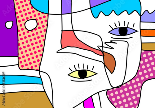 modern cubism illustration featuring abstract geometric shapes and expressive eyes.