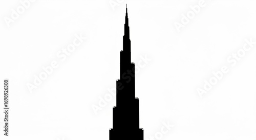 Silhouette of a tall skyscraper with a pointed spire rising high against a bright white empty background created with generative ai