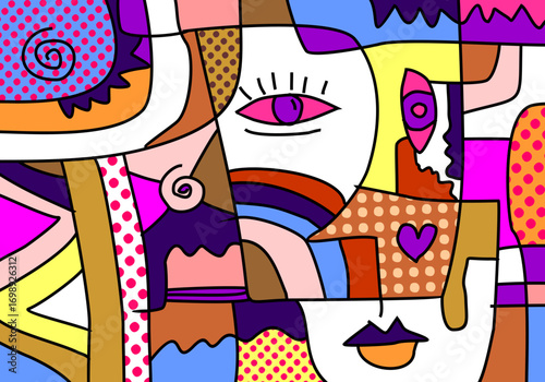 modern cubism illustration featuring abstract geometric shapes and expressive eyes.