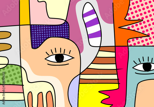 illustration featuring abstract geometric shapes and expressive eyes.