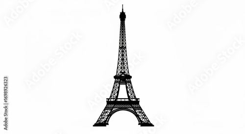Silhouette depiction of the eiffel tower against a white background with intricate metal framework detail created with generative ai