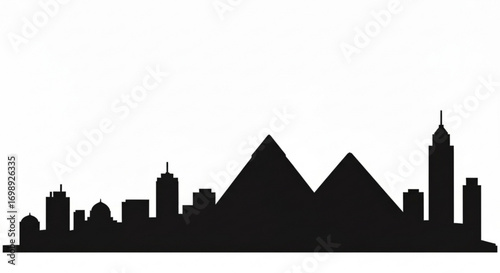 Black silhouette of a city skyline with pyramids and various buildings against a white background scene view created with generative ai