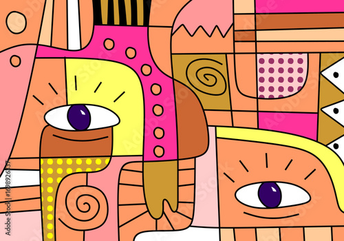 illustration featuring abstract geometric shapes and expressive eyes.