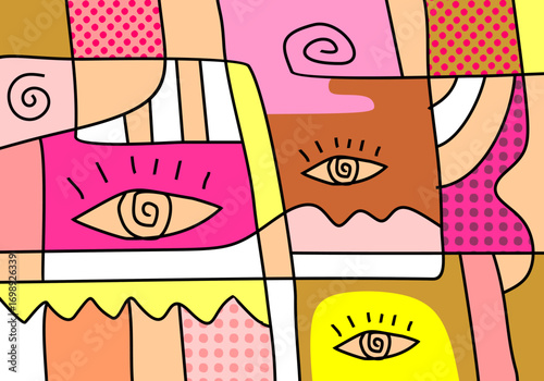 illustration featuring abstract geometric shapes and expressive eyes.