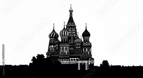 Silhouette of saint basil's cathedral in moscow russia with trees and building outlines below it created with generative ai
