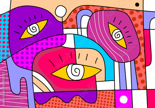 illustration featuring abstract geometric shapes and expressive eyes.