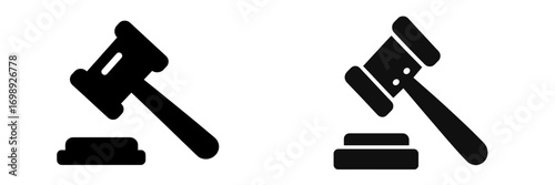 Gavel symbols illustrating justice and legal authority in various styles on a plain background
