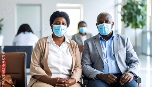 Senior couple wearing masks in a waiting area