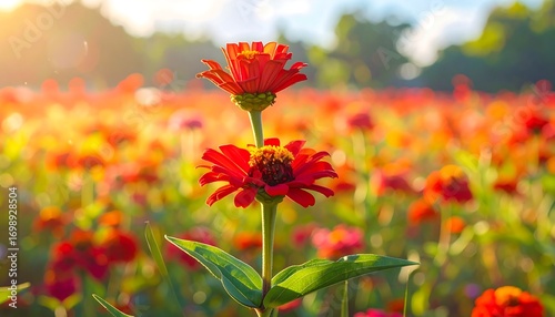Vibrant red zinnia flowers stand out in a field of colorful blooms bathed in warm sunlight.