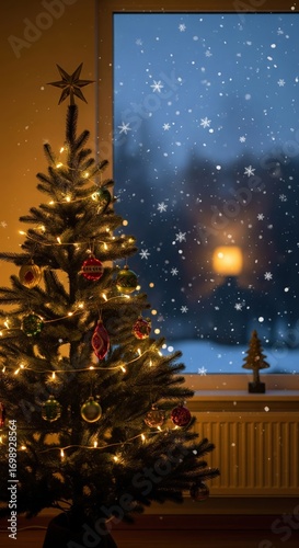 Christmas tree decorated with lights and ornaments seen through a snowy window during evening