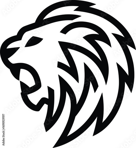 Fierce lion head roaring black and white graphic vector