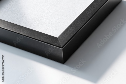 Close-up of a black framed art piece.  A corner of a square black frame,  accentuating the border around a blank white canvas