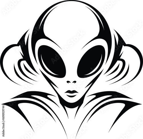 Stylized alien face with large eyes and tribal markings extraterrestrial head