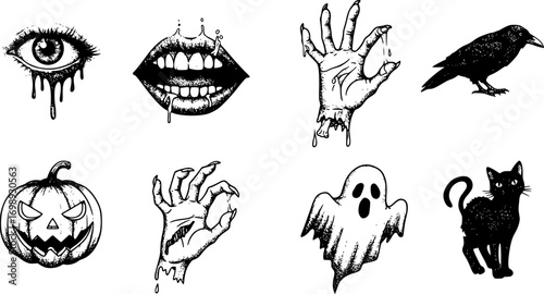 Creepy Halloween collage elements with vintage stippling photocopy effect. Eye, mouth, zombie hand, pumpkin jack, raven, ghost, cat with experimental grunge dotted texture. Retro vector illustration