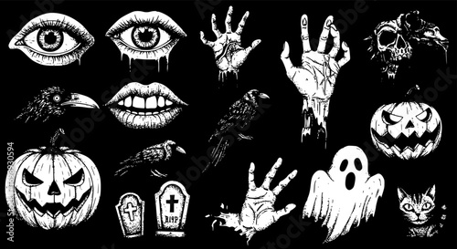 Creepy Halloween collage elements with vintage stippling photocopy effect. Eye, mouth, zombie hand, pumpkin jack, raven, ghost, cat with experimental grunge dotted texture. Retro vector illustration