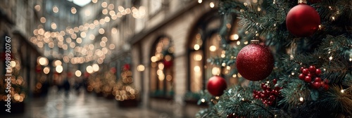Festive street adorned with Christmas decorations and twinkling lights in a charming city setting during the holiday season