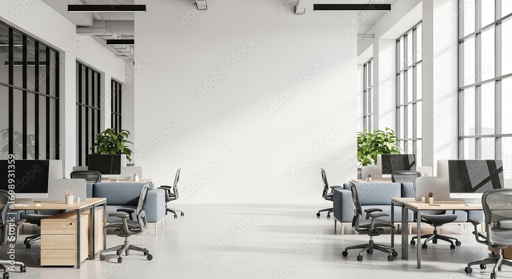 Bright and modern open-plan office space with multiple workstations, large windows, and potted plants, ready for work.