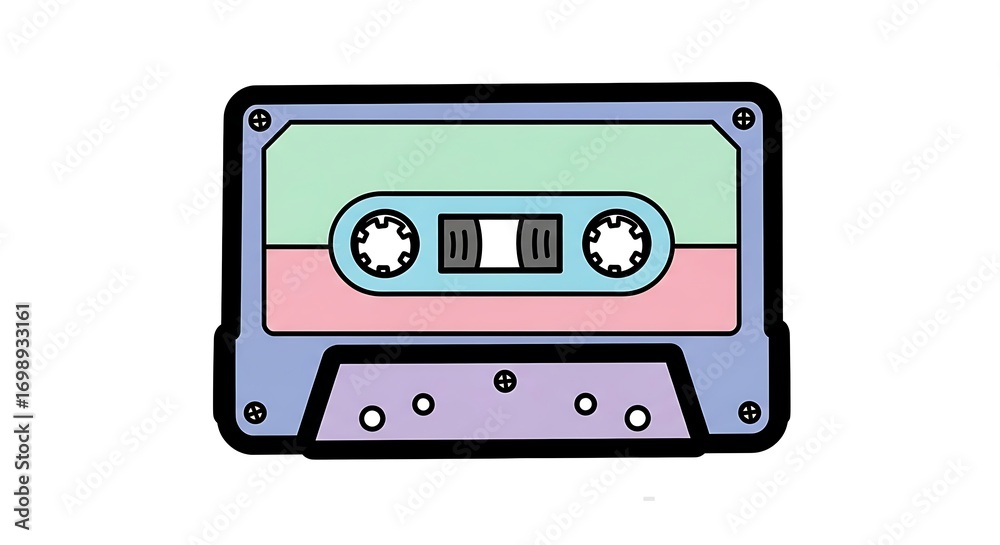 Obraz premium A colorful cartoon style illustration of a cassette tape on a white background with black outline