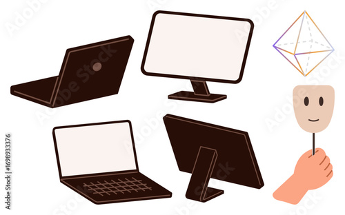 Laptops and monitors with geometric abstraction and smiling mask in hand. Ideal for technology, creativity, communication, identity, education, design thinking, digital engagement. Minimalistic flat
