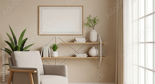Light beige room interior with armchair, shelf, and framed picture.