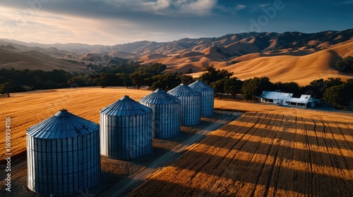 Aerial view of weathered grain silos on a rustic farm, surrounded by golden wheat fields under late afternoon sunlight, ideal for agriculture or rural lifestyle concepts.