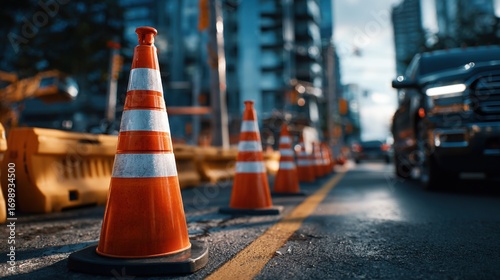 Orange traffic cones line a city street with yellow barriers, depicting a roadwork zone and urban development with safety measures, ideal for construction themes.