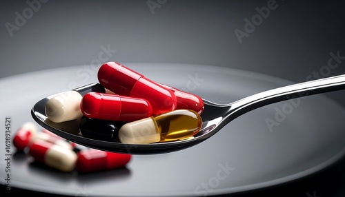 Assorted pills on a spoon over a plate