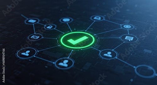 A glowing green checkmark at the center of a digital network diagram, symbolizing approval and connectivity.