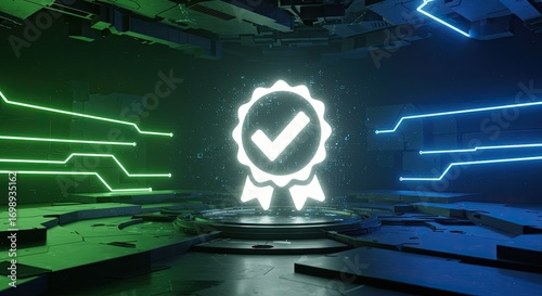 Glowing white certification badge icon on a pedestal in a futuristic, technological setting with vibrant green and blue neon lines.