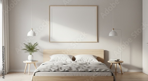 Minimalist bedroom interior with a light wood bed, white bedding, two side tables, pendant lights, and a blank square frame on a light wall.