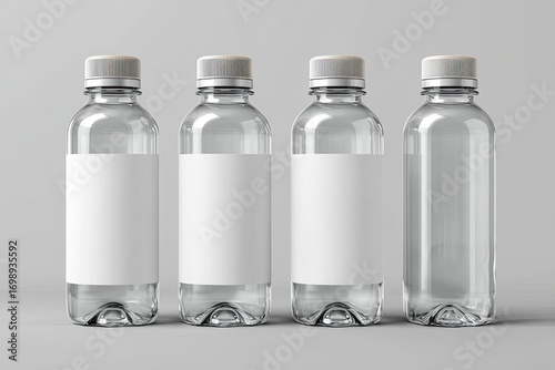 Four clear plastic water bottles, each with a blank white label