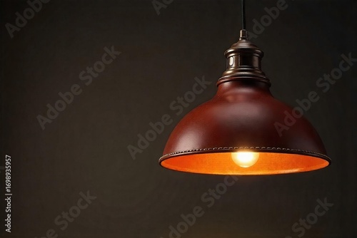 Elegant handcrafted leather pendant lampshade, warm ambient glow, rustic chic design, perfect for farmhouse or industrial interiors , lamp, farmhouse, lighting installation