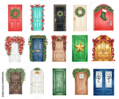 Christmas Doors Watercolor Set Festive Holiday Decorations