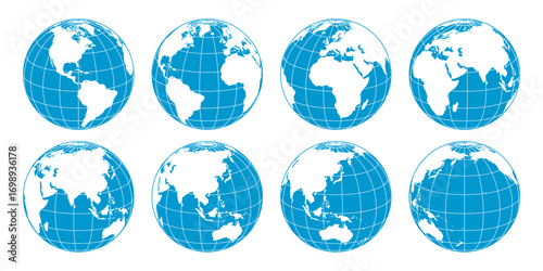 Eight globes showing various parts of the Earth. Vector graphic set for geography, travel, and international communication concept.