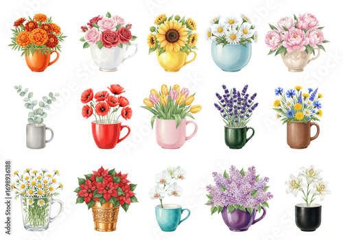 Watercolor Flowers in Cups Floral Arrangements Set