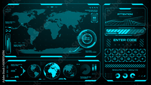 Futuristic head up display (HUD) with global data, loading bar, and numeric keypad for advanced technology.