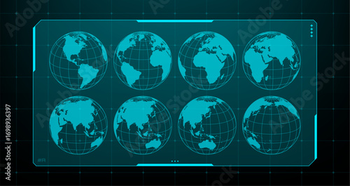 Multiple light blue globe earth icons with grid. Heads up display vector graphics with digital map elements for futuristic design concept.