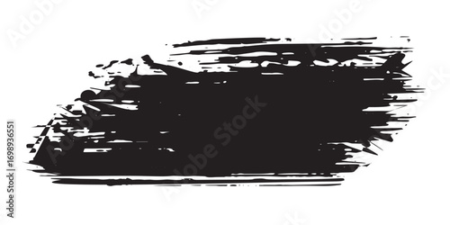 Black paint stroke with an ink splat creates a grungy vector illustration for an abstract texture background design