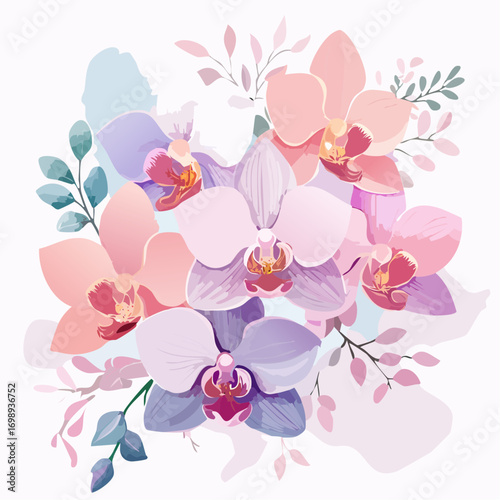 Exotische Orchideen in zarten Pastellrosa- und Lilatönen, aquarelliert, elegant und luxuriös