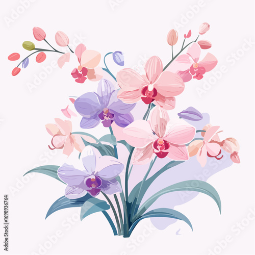 Exotische Orchideen in zarten Pastellrosa- und Lilatönen, aquarelliert, elegant und luxuriös