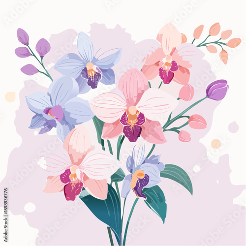 Exotische Orchideen in zarten Pastellrosa- und Lilatönen, aquarelliert, elegant und luxuriös