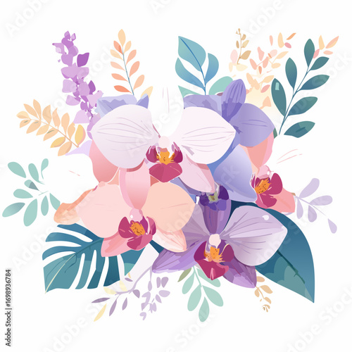 Exotische Orchideen in zarten Pastellrosa- und Lilatönen, aquarelliert, elegant und luxuriös