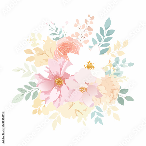 Zarte Aquarellblumen in Pastellrosa und Vanillefarben, leicht verblasst im Vintage-Look