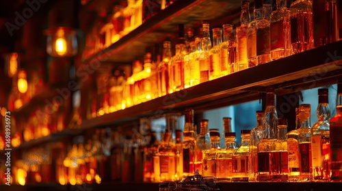 Shelves of liquor bottles in a dimly lit bar